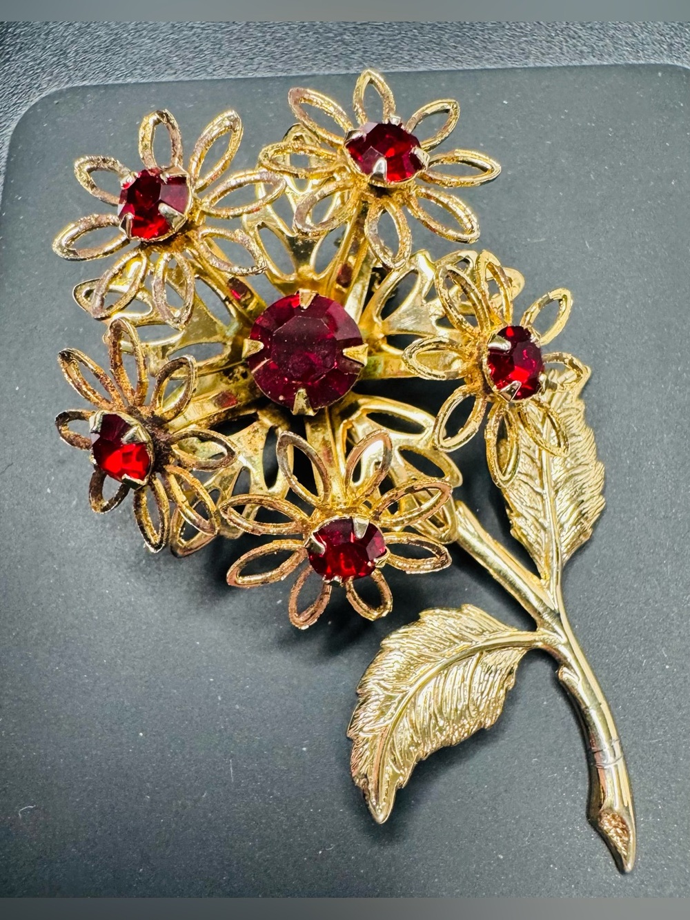 Gold Tone Floral Red Rhinestone Brooch